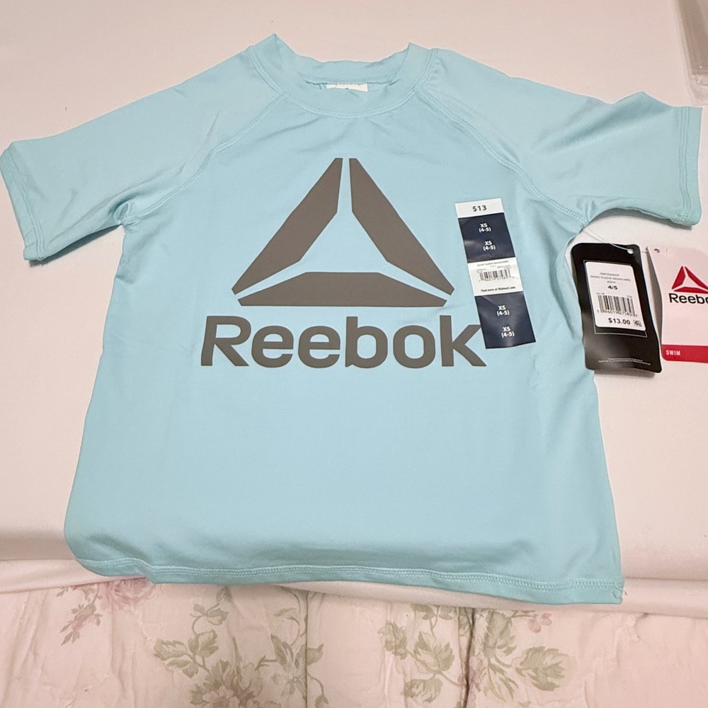 Reebok Rashguard Kids XS 4/5 Aqua Blue NEW Short Sleeve Swim Shirt